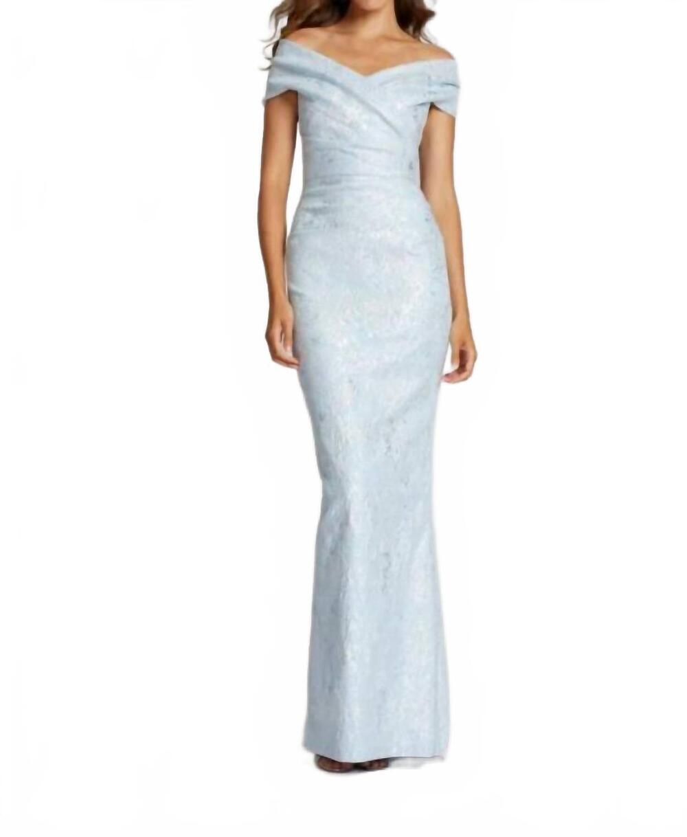 NEW TERI JON off shoulder stretch metallic jacquard gown in ice blue